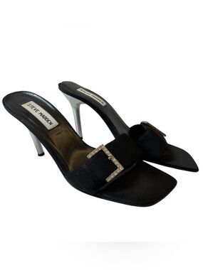 STEVE MADDEN Black Satin Rhinestone Buckle Mules Heels Shoes - Size 8.5